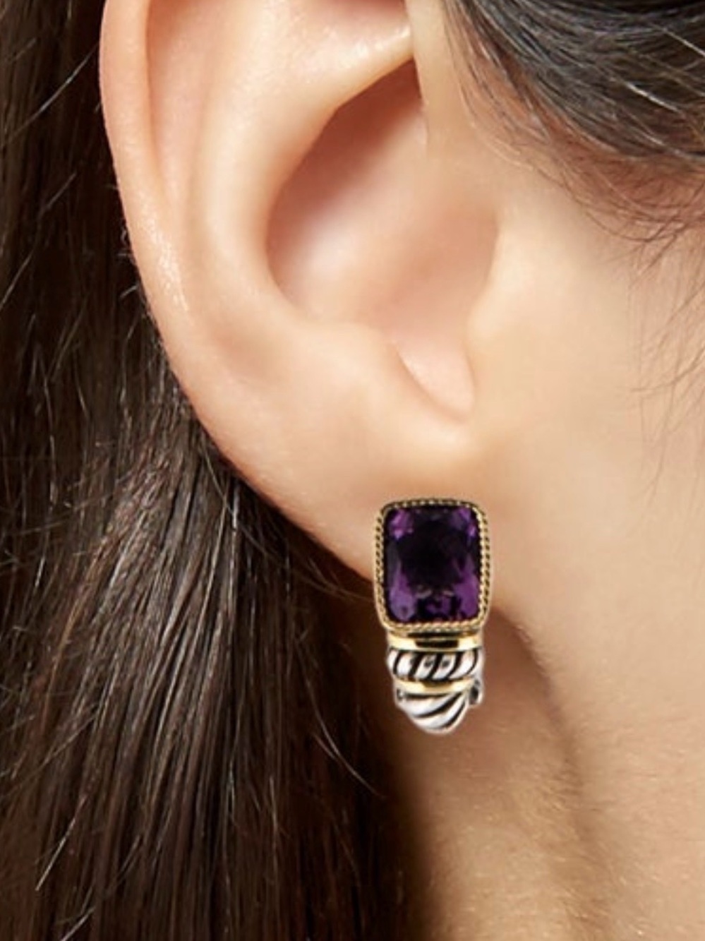 Effy Purple Amethyst Two-Tone Rope-Detail Drop Earrings - Picture 2 of 3